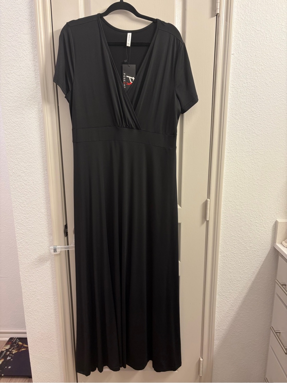 Elegant Black V-Neck Wrap Dress by PO